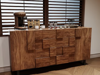 Modern Wooden Sideboard With Geometric Panel Design Coffee Machine And Cups On Top 3d model