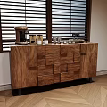 Modern Wooden Sideboard With Geometric Panel Design Coffee Machine And Cups On Top