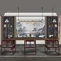Traditional Chinese Tea Room Interior With Landscape Painting Bookshelves Wooden Tables and Chairs