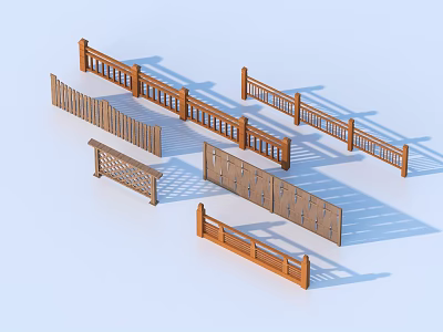 Wooden Railings with Various Designs and Styles Including Vertical Slats and Patterns 3d model