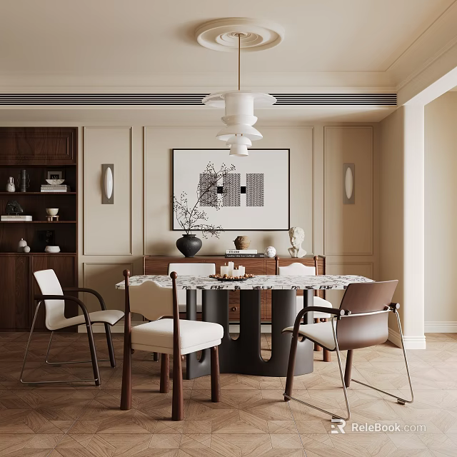 Modern Restaurant Interior Design With Round Dining Table Chairs And Pendant Light 3d model
