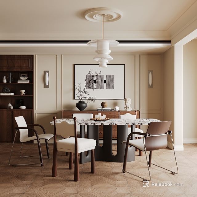 Modern Restaurant Interior Design With Round Dining Table Chairs And Pendant Light 3d model 