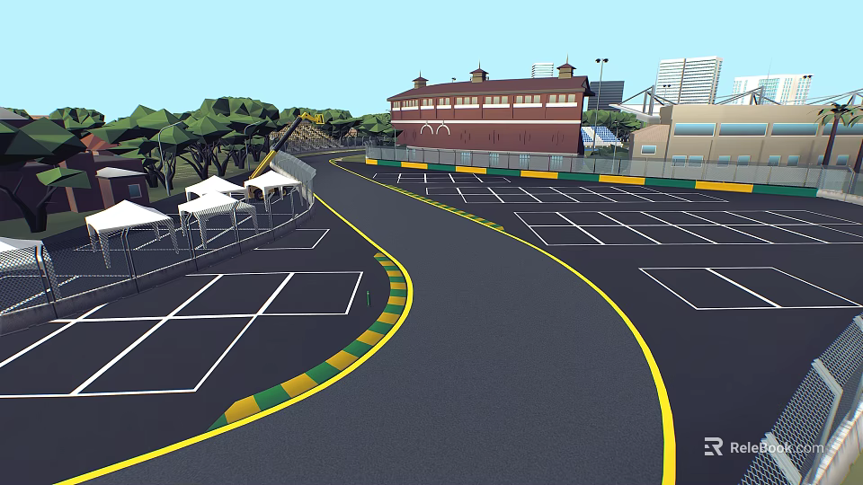 Car Test Drive Route With Curved Road Yellow Lines And Green Curbs 3d model 