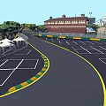 Car Test Drive Route With Curved Road Yellow Lines And Green Curbs