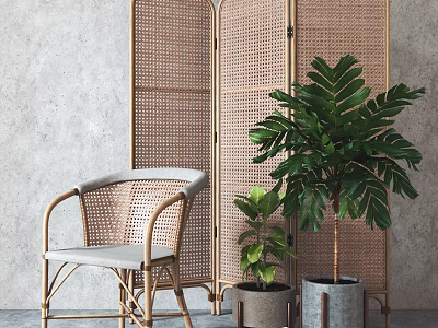 Natural Rattan Leisure Chair with Woven Screen and Potted Green Plants in Minimalist Interior 3d model