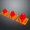 Three Red Volcanic Landscape Models With Yellow Bases On Gray Background 3d model