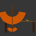 Wooden Table With Orange Umbrella Structure And Green Cup Glasses Scissors Ruler