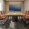 Modern Conference Room with Long Table Orange Chairs Large Window and Projector Screen 3d model