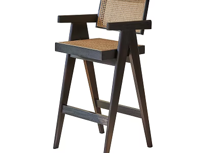 Modern Wooden Bar Stool With Rattan Backrest Seat Armrests And Sturdy Frame Design 3d model