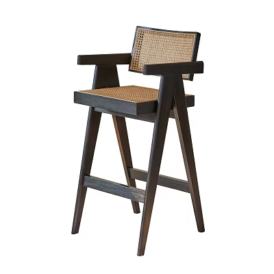 Modern Wooden Bar Stool With Rattan Backrest Seat Armrests And Sturdy Frame Design 3d model