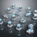 Shiny Metal Bolts and Nuts Collection on Dark Reflective Surface 3d model