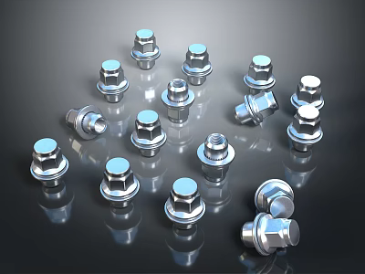 Shiny Metal Bolts and Nuts Collection on Dark Reflective Surface 3d model