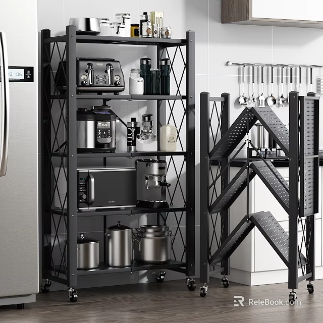 Modern Kitchenware Display With Coffee Maker Microwave Pots And Hanging Knives On Black Metal Shelves 3d model 