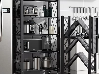Modern Kitchenware Display With Coffee Maker Microwave Pots And Hanging Knives On Black Metal Shelves 3d model