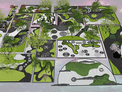 Unique Garden Ornaments With Stone Paths Green Plants Circular Designs And Layout Ideas 3d model