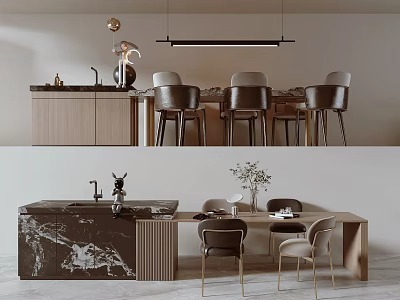 Modern Dining Table Set With Marble Top Chairs Pendant Light And Decorative Items 3d model