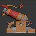 Colorful Red Orange Decorative Cannon With Sturdy Wooden Base And Round Lens