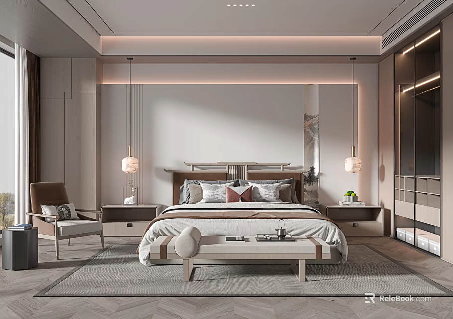 Elegant Modern Bedroom Interior With Bed Nightstands Pendant Lights Bench And Area Rug 3d model 