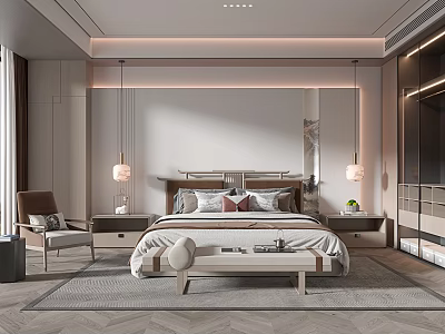 Elegant Modern Bedroom Interior With Bed Nightstands Pendant Lights Bench And Area Rug 3d model