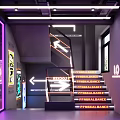 Modern Internet Cafe Interior With Neon Ceiling Lights Purple Lighting And Glass Door