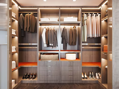 Modern Well Lit Walk-in Closet Interior Design With Hanging Garments Drawers And Shoe Storage 3d model