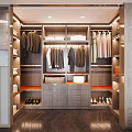 Modern Well Lit Walk-in Closet Interior Design With Hanging Garments Drawers And Shoe Storage