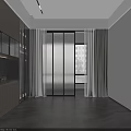 Modern Interior with Glass Sliding Doors Curtains Grey Tiled Flooring and Cabinetry