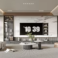 Modern Living Room Interior With Marble Accent Wall Large TV And Comfortable Sofa