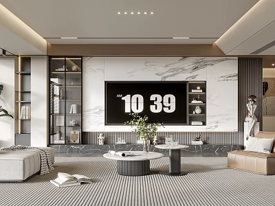 Modern Living Room Interior With Marble Accent Wall Large TV And Comfortable Sofa 3d model