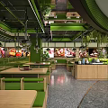 Modern Food Service Kitchen with Green Accents Multiple Counters and Food Display Areas