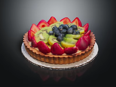 Delicious Fresh Fruit Tart Topped With Strawberries Kiwi And Blueberries 3d model