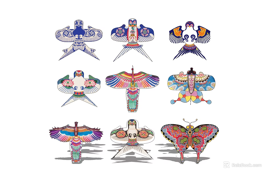 Colorful Traditional Kites With Various Decorative Patterns And Shapes 3d model 