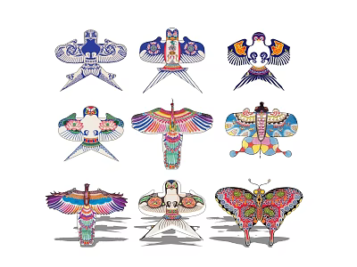 Colorful Traditional Kites With Various Decorative Patterns And Shapes 3d model