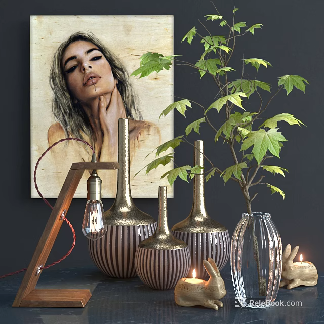 Decorative Ornament Set with Golden Striped Vases Green Leafy Plant and Decorative Candles 3d model 