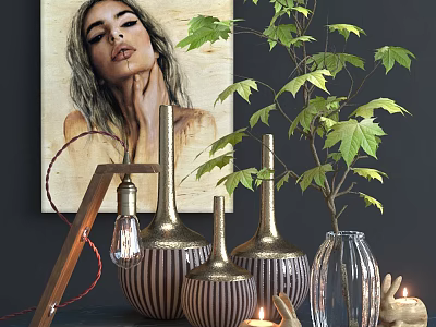 Decorative Ornament Set with Golden Striped Vases Green Leafy Plant and Decorative Candles 3d model