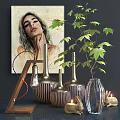 Decorative Ornament Set with Golden Striped Vases Green Leafy Plant and Decorative Candles