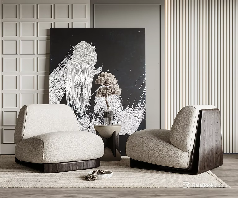 Leisure Sofa Set with Light Beige Fabric Wooden Armrests and Modern Artwork 3d model 