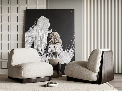 Leisure Sofa Set with Light Beige Fabric Wooden Armrests and Modern Artwork 3d model
