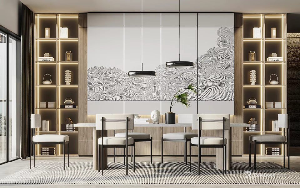 Chinese Style Restaurant Interior With Ink Painting Wall Pendant Lights Dining Table And Chairs 3d model 