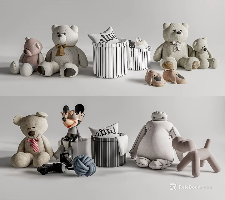 Stuffed Teddy Bear Mickey Mouse Baymax Dog Plush Toys with Striped Pillow Shoes Yarn Ball 3d model 