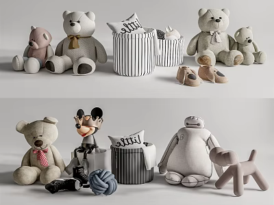 Stuffed Teddy Bear Mickey Mouse Baymax Dog Plush Toys with Striped Pillow Shoes Yarn Ball 3d model