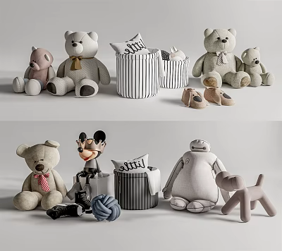 Stuffed Teddy Bear Mickey Mouse Baymax Dog Plush Toys with Striped Pillow Shoes Yarn Ball 3d model