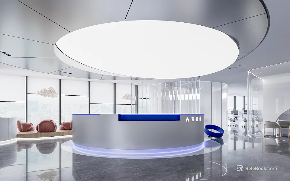Modern Reception Desk Interior Design With Circular Ceiling Light And Blue Countertop 3d model