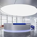 Modern Reception Desk Interior Design With Circular Ceiling Light And Blue Countertop 3d model