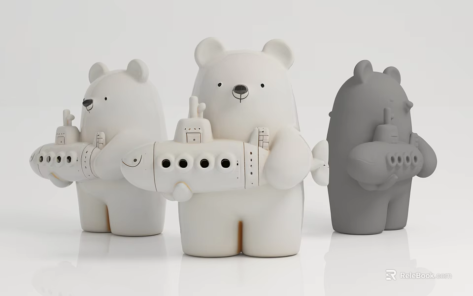 Game and Movie Characters Cute Bear Shaped Toys Holding Submarine Models in White and Gray 3d model 