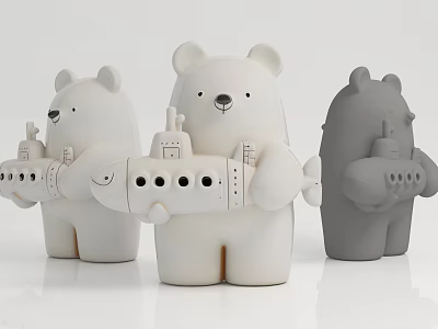 Game and Movie Characters Cute Bear Shaped Toys Holding Submarine Models in White and Gray 3d model