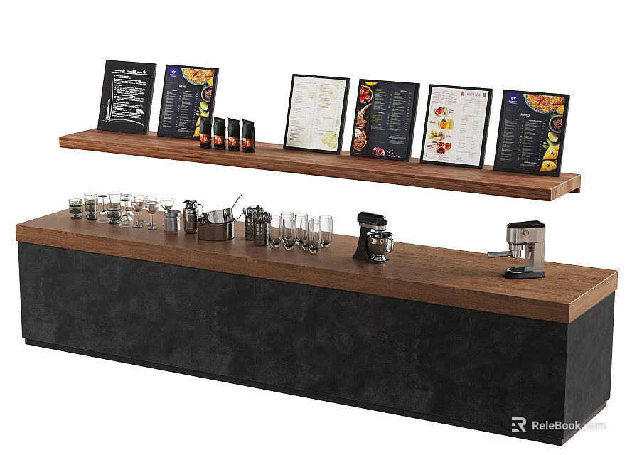 Modern Bar Counter With Glasses Coffee Machine Milk Frother And Menu Boards On Wooden Top 3d model 