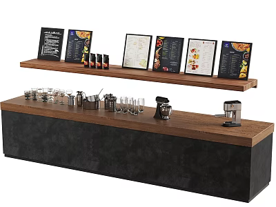 Modern Bar Counter With Glasses Coffee Machine Milk Frother And Menu Boards On Wooden Top 3d model