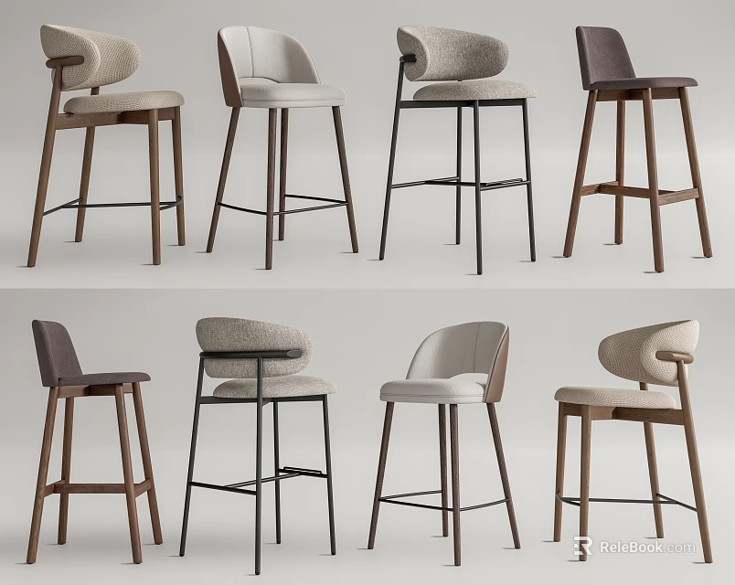 Modern Bar Stools with Wooden Legs Upholstered Seats and Various Designs 3d model 