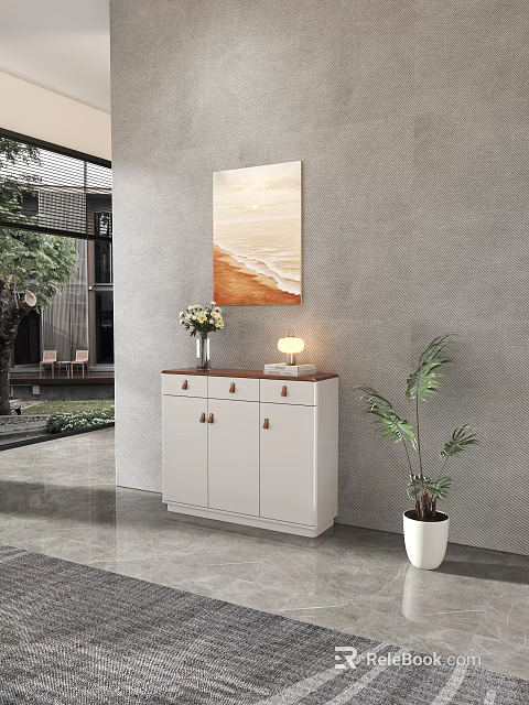 Modern White Shoe Cabinet With Drawers Doors Top Vase Lamp And Potted Plant Interior 3d model 